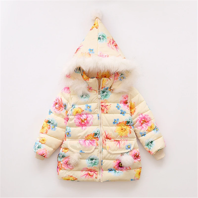 

Kids Sweet Floral Down Parkas Girls Winter Hooded Zipped Jacket Coat Children Warming Thick Fleece Coat Outerwear AA60438
