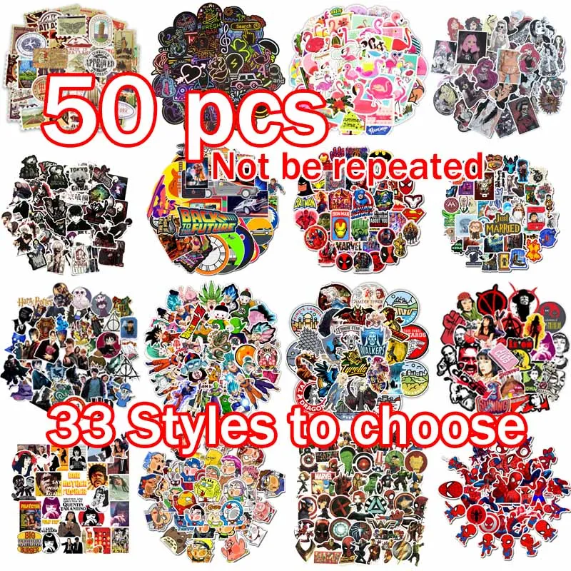 

33 Styles 50pcs Cartoon Anime Stickers Graffiti Luggage Skateboard Doodle Vinyl Decals Car Styling Laptop Toy Waterproof DIY