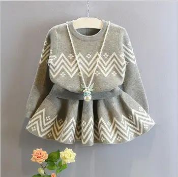 

2016 children girl 2pcs clothes set kids striped sweater tops and waves pattern skirt toddler baby clothing set for winter
