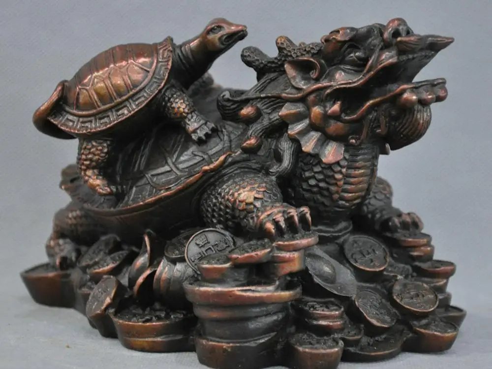 

7'' China Fengshui Zodiac Dragon Turtle Walking Coins Bronze Statue