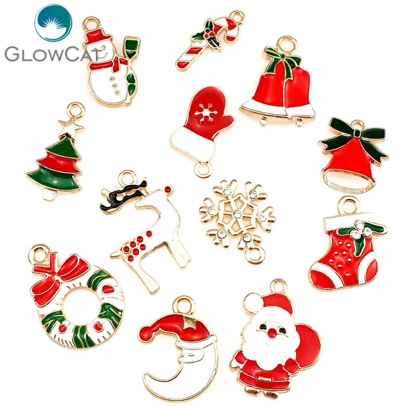 12pcs/lot MIX Light Gold Enamel Merry Christmas Tree Bell Snowman Pendant Jewelry Finding Making 22327