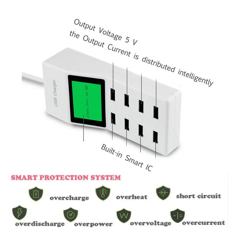 Universal 8 USB Ports Led Display US EU UK Plug Travel AC Power Strip Adapter Socket Smart Charger For Cell Phone Tablet Camera