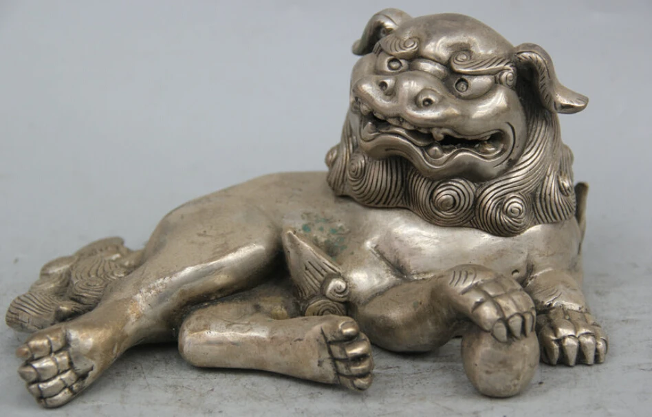 

8" China Chinese Folk Feng Shui Silver Sleep Lion Foo Dog Ball Statue Sculpture R0710 Discount 35%