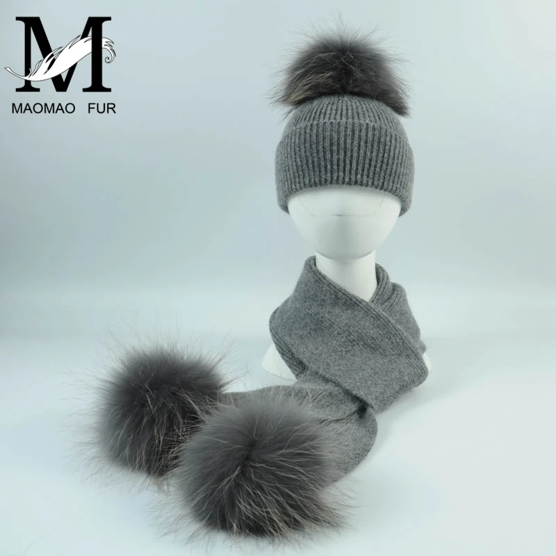 New Fashion Children's Wool Knit Hat Scarf 2 Pieces Set Winter Warm Kids Baby Boy Girl Raccoon Fur Pom poms Soft Hat Scarves