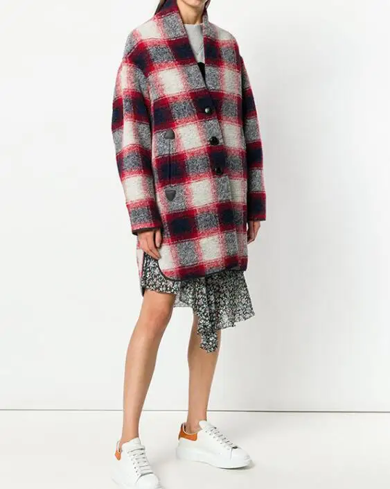 Poches Longues Plaid Automne 2018 Avec Jaune Mode Gabrie Blanc V Rouge Manteau Laine Poitrine Unique Manches Femme Col BHBTSqw