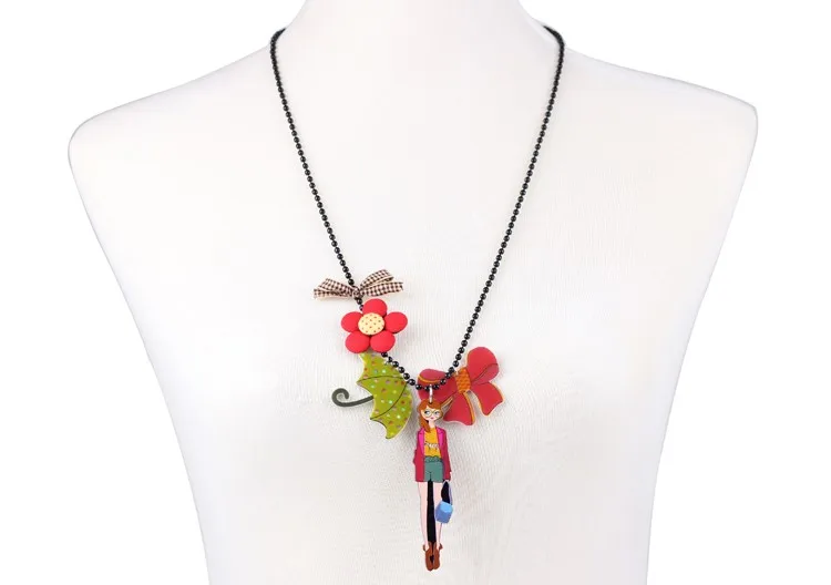 Bonsny длинная цепь ручной работы девушка цветок зонтик лук ожерелье с розеткой кулон фирменный дизайн модные украшения для женщин