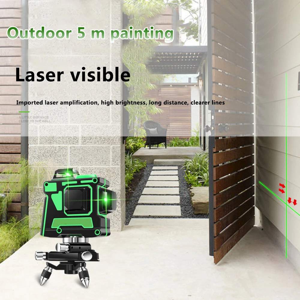 3D 12 Lines Green Laser Level with Wall Bracket 360 Degree Adjust Base Laser Beam Line Horizontal Vertical Cross Laser Lines