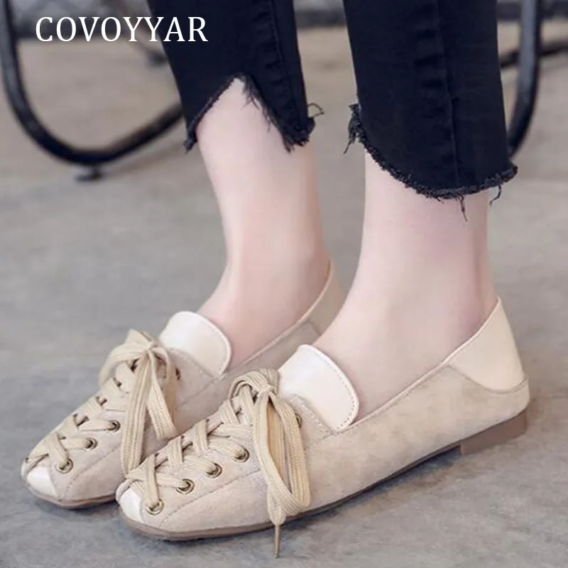 

COVOYYAR 2019 Spring Autumn Flat Loafers Slip On Flock Sneakers Women Fashion Solid Lace Up Cross-tied Casual Shoes Woman WFS444