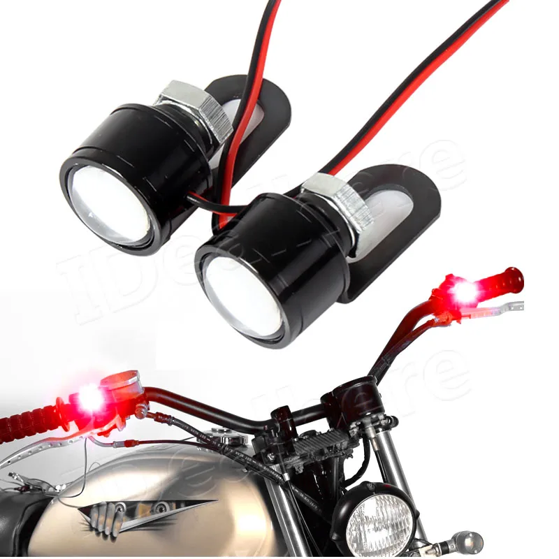 

Mayitr 2pcs Motorcycle Mirror Strobe Flash Warning Red LED Brake Light Spotlights Fish Eye Lens License Plate Decor Lamp