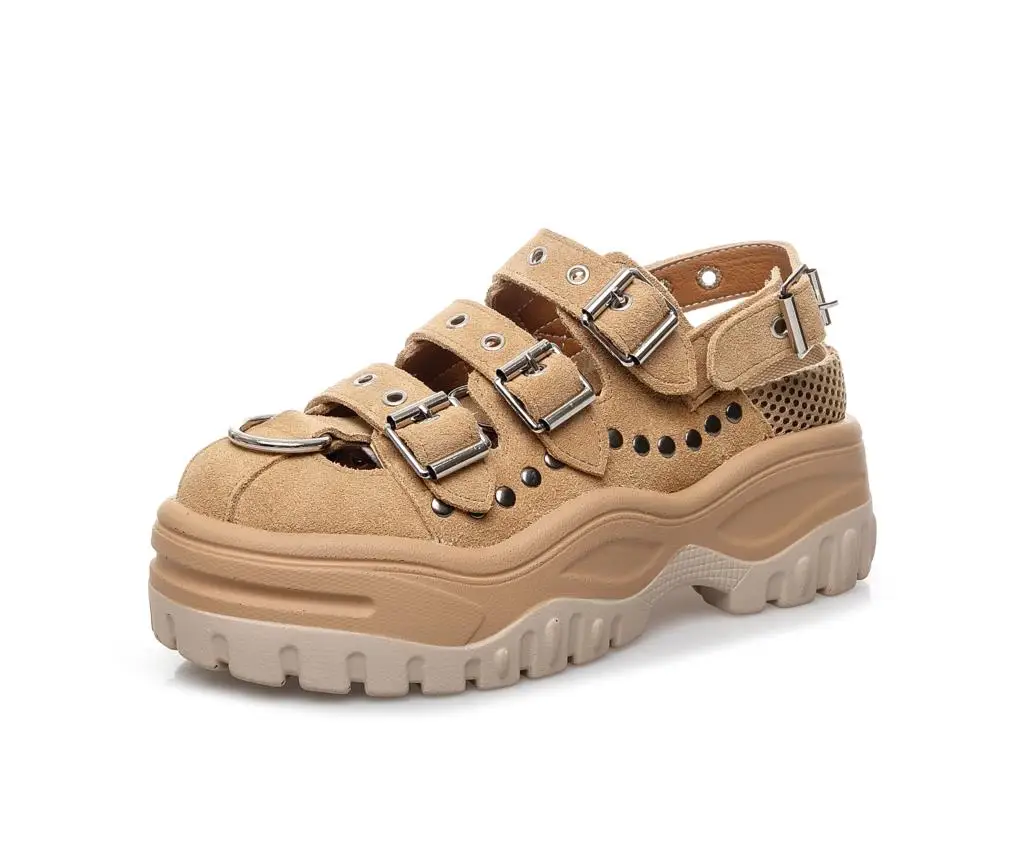 

SWONC Chunky Snandals Shoes Women Genuine Leather Rivet Fashion Casual Summer Shoes For Woman Platform Sandals Metal Buckle