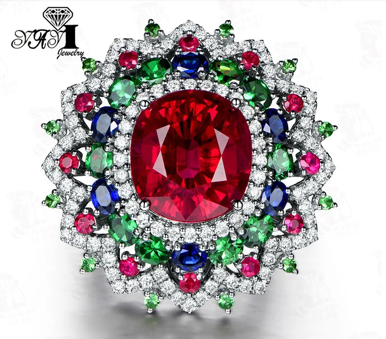 Jewelry Princess Cut Red Corundum Gemstones Zircon Silver Color Engagement Wedding Party Precious Rings