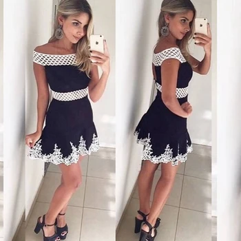 

2019 New Fashion Black With White Patchwork Hollow Out Bandage Dress Elegant Mini Club Women Sexy Off The Shoulder Vestidos