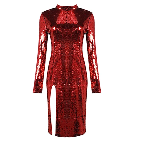 Высокое качество, модное красное платье с блестками, платье знаменитостей, новинка, с длинным рукавом, облегающее, с разрезом, миди, женское платье - Цвет: Red wine