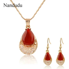 Nandudu Ágata Roja de Piedra Gota de Agua Colgante Collar Pendientes Joyería Conjuntos Chapados En Oro de Joyería de Moda Regalo CN164 CE148