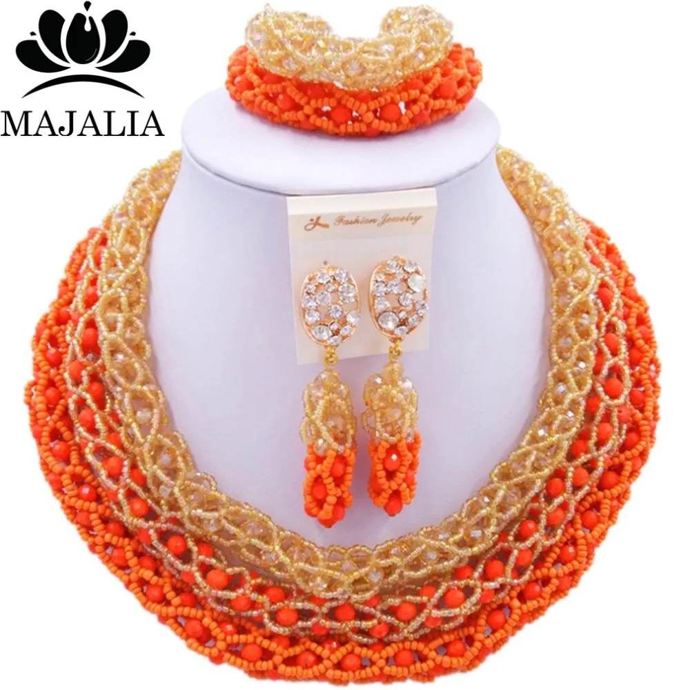  Majalia nouvelle mode mariage nigérian bijoux africains ensemble Orange et Champagne cristal collie