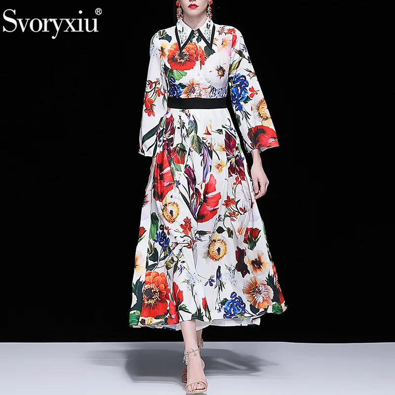 Svoryxiu Runway Elegante Herfst Winter Maxi Lange Jurk vrouwen Charmante Grote Bloemenprint Party Vintage Geplooide Vloer Lengte Jurk