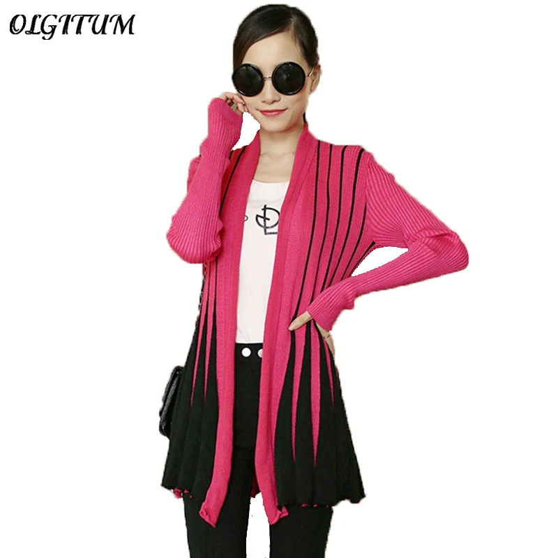 OLGITUM الربيع النساء سترة 2019 الأزياء المشارب طباعة طويلة الأكمام سترة ضئيلة شال الحياكة سترة سترة للإناث