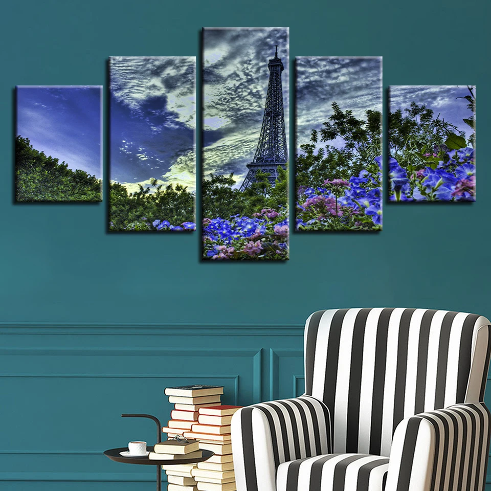 HD Printing Pictures Modular Art 5 Pieces Blue Pink Flower And Green Tree Poster Paris Tower Scenery Canvas Paintings Decor Wall