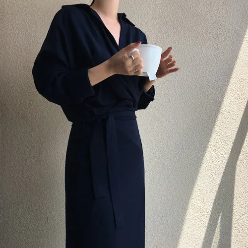 Yanueun женское элегантное свободное платье Normcore с длинным рукавом и поясом Женская