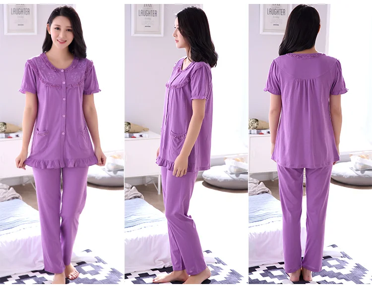 Одежда для сна Новая Элегантная пижама Женская Плюс Размер фиолетовая однотонная кружевная строчка Пижама с воротником женский домашний костюм женская хлопок