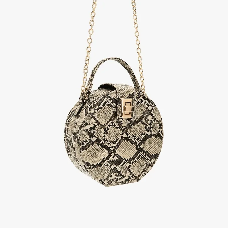 

Serpentine Small Round Messenger Bag Female Stylish Retro Ladies Handbags Snake Print Box Evening Bags Chain Shoulder Sling Bags