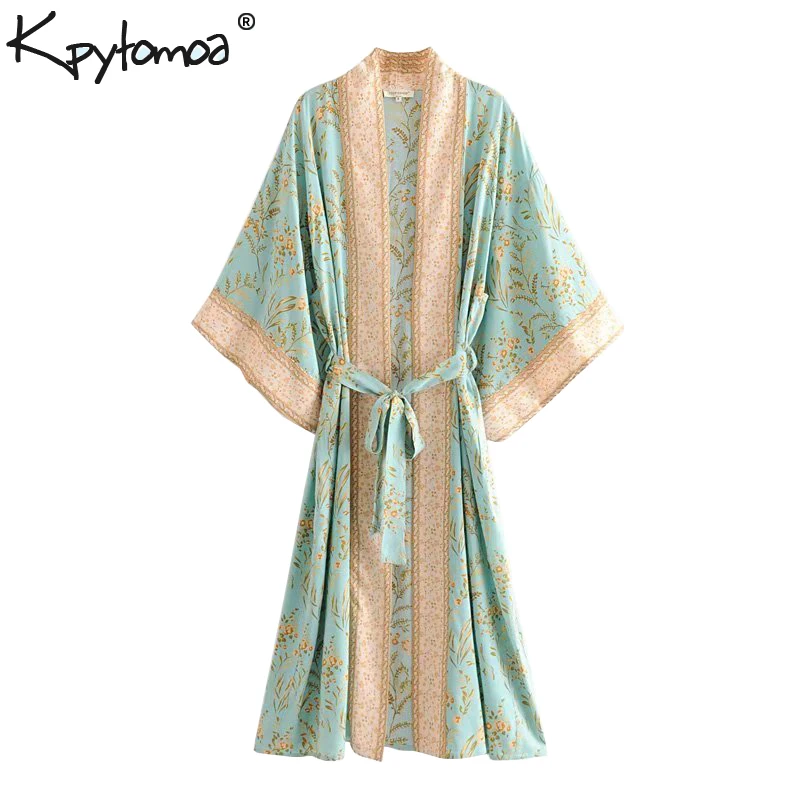 En Ligne Boho Chic été Vintage imprimé Floral Kimono femmes 2019 Cardigan de mode avec des ceintures Blouses de plage chemises Blusas Mujer