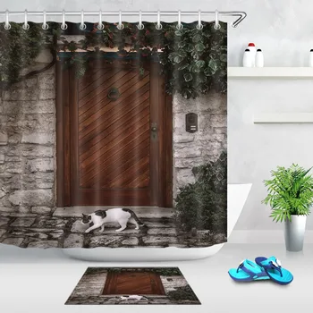 

Stone Wall & Wooden Door & Cat Shower Curtain With Mat Set Bathroom Extra Long Waterproof Polyester Fabric For Art Bathtub Decor
