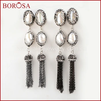 

BOROSA Silver Color Double Natural Pearl Earrings Paved Zircon With Black Chain Tassel Dangle Drusy Earrings for Women JAB172