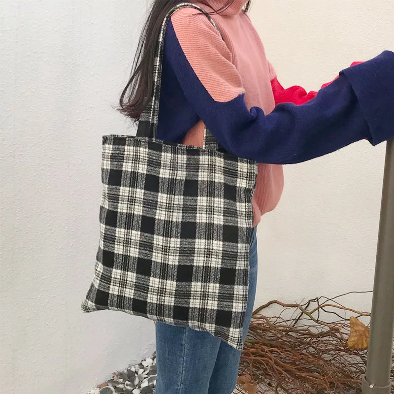 

Black White Woolen Tartan Eco Shopping Tote Shoulder Bag Student Book Bag CY0838