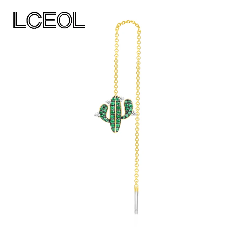 

LCEOL New Arrival One Piece Cactus Earrings Thread Green Zircon Charm Chain Line Plants Earring Wedding Jewelry