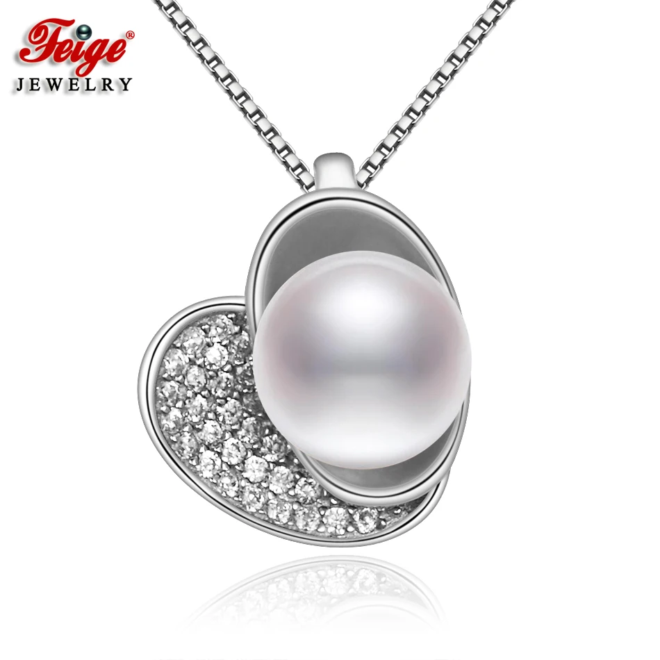 

FEIGE Fashion Style 925 Sterling Silver Inlay Cubic Zirconia Pendant Necklaces for Women 9-10MM White Freshwater Pearl Necklace