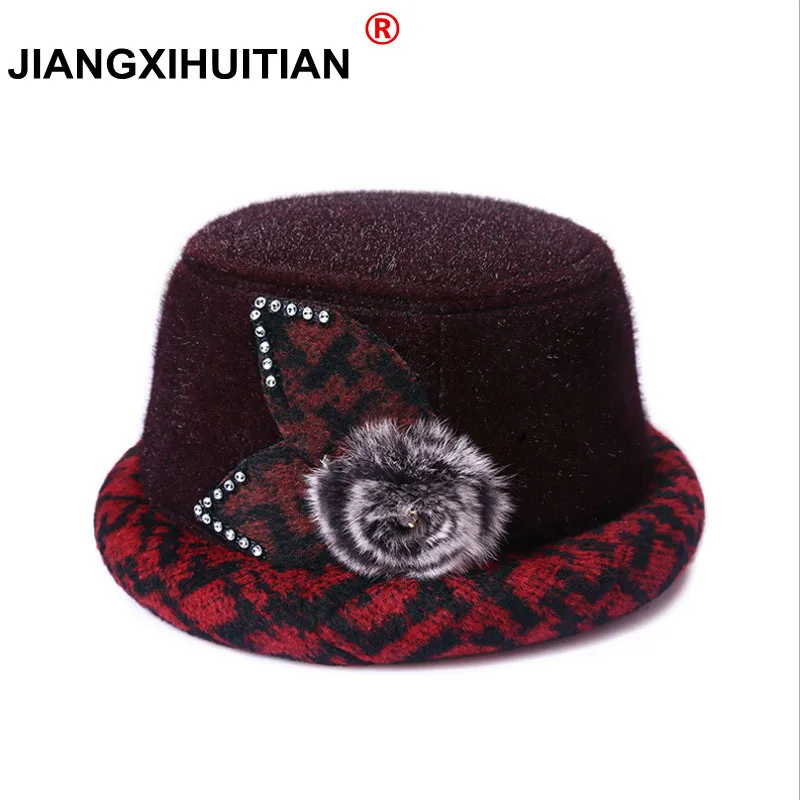

2017 Elegant fashion winter fedoras hat for mom Rabbit's hair fur keep super warm caps Vintage Bowler Cap Flower ornaments hats