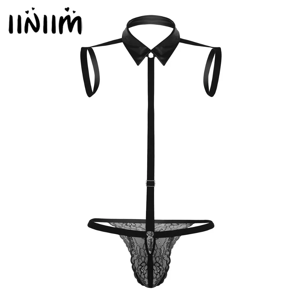 

iiniim Mens Lingerie One-piece Collared See-through Lace Adjustable Thong Underwear Underpants with Elastic Shoulder Band