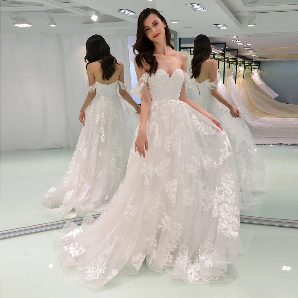 Dressv Элегантное свадебное платье женское с открытыми плечами кружевное на молнии