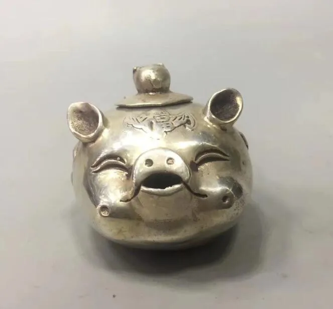 

China collection archaize white copper Pig head teapot craft statue
