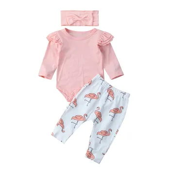 

Cute Infant Baby Boys Romper Flying Sleeve Tops + Long Pants Flamingo Headband 3PCS Clothes Set Cute Outfits