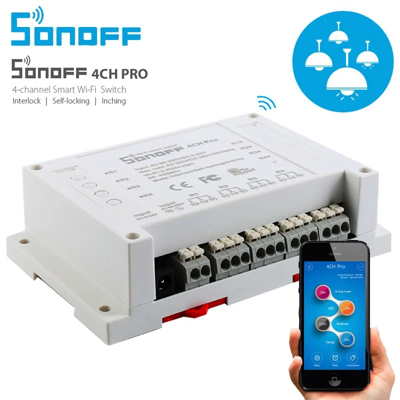 Sonoff 4CH Pro 4 канала WiFi RF Смарт вкл/выкл умный пульт управления инчинг/самоблокирующийся/блокировка/таймер на din-рейке - Цвет: 4CH Pro