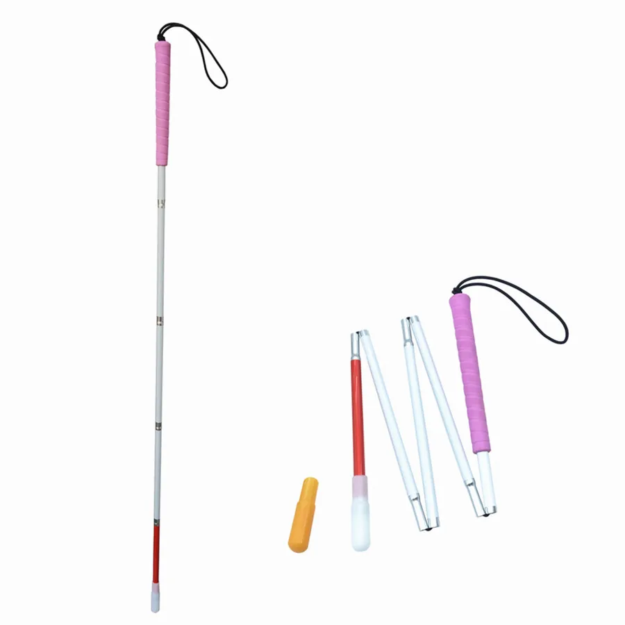 

105 cm - 155 cm Aluminium Folding Blind Walking Stick , White Cane , Reflective Red & White, Pink Handle, with 2 Tips