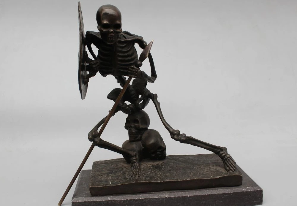 

12"Art Decor Pure Copper Bronze Marble Base Figurine Skull Warrior Statue Sculpt