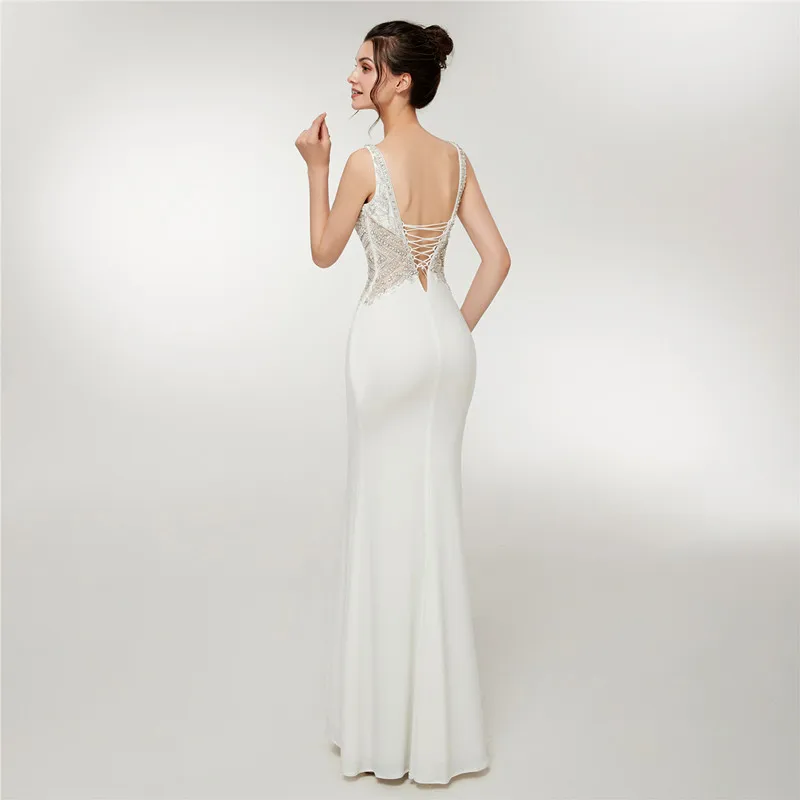 Белые элегантные вечерние платья русалки, Украшенные бусинами и кристаллами, вечернее платье для особых случаев, платье с открытой спиной, платье с v-образным вырезом