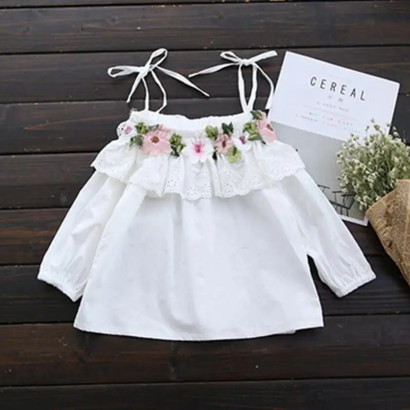 

Fashion Girls Shirts Off Shoulder White Embroidery Floral Kids Tops 2017 Summer Girls Blouse Cotton Baby Toddler Clothes JW2019A