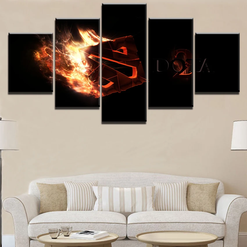  Modern HD Printed Painting Canvas Home Decorative 5 Panel DotA 2 Fire Logo Game Poster Modular Fram