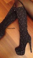 New Arrival Women Glittering Crystal Slim Fit Mid-Calf Shiny Boots Sexy Stiletto Heel Side Zip Platform Keen High Boots Hot Sell