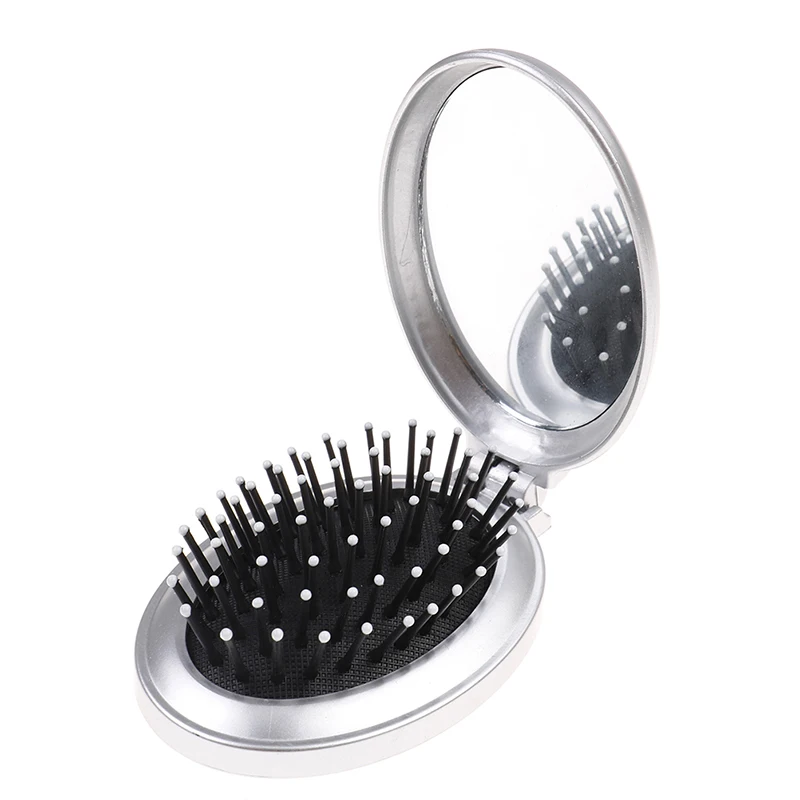 Anti-static Portable Round Pocket Small Size Travel Massage Folding Comb Girl Detangling Hair Brush With Mirror Styling Tools