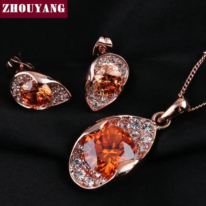 ZYS026 Orange Crystal Gold Plated Noble Eaegance Jewelry Necklace Earring Set Made with Austrian SWA Element