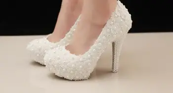 

2018 Handmade Beautiful lace flower Rhinestones Pearl crystal Bridal Dress Shoes Fashion women's pumps shoes Size34-43