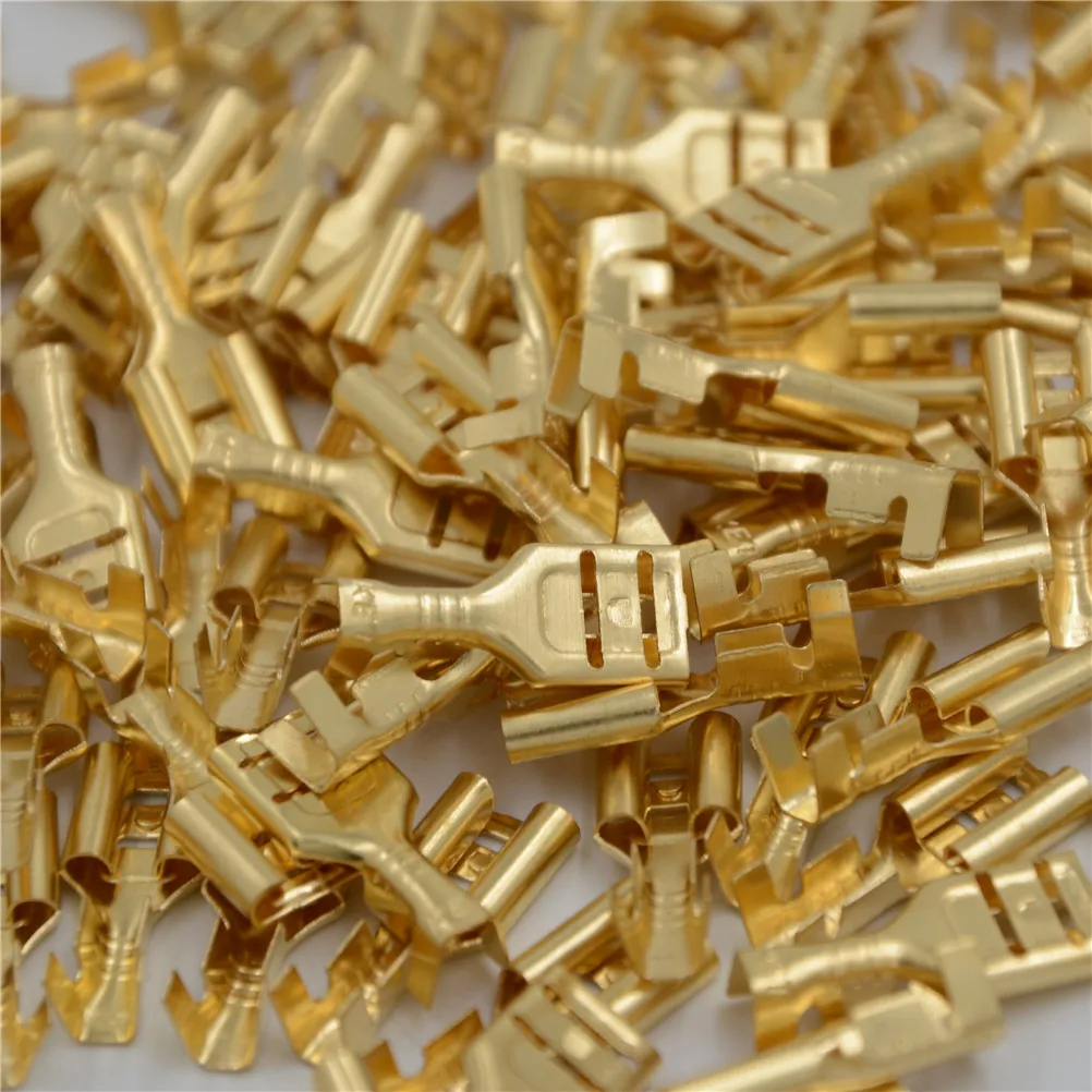 100pcs 4.8mm/6.3mm Gold Brass Car Speaker Electric Wire Connectors Set Female Crimp Terminal Connector