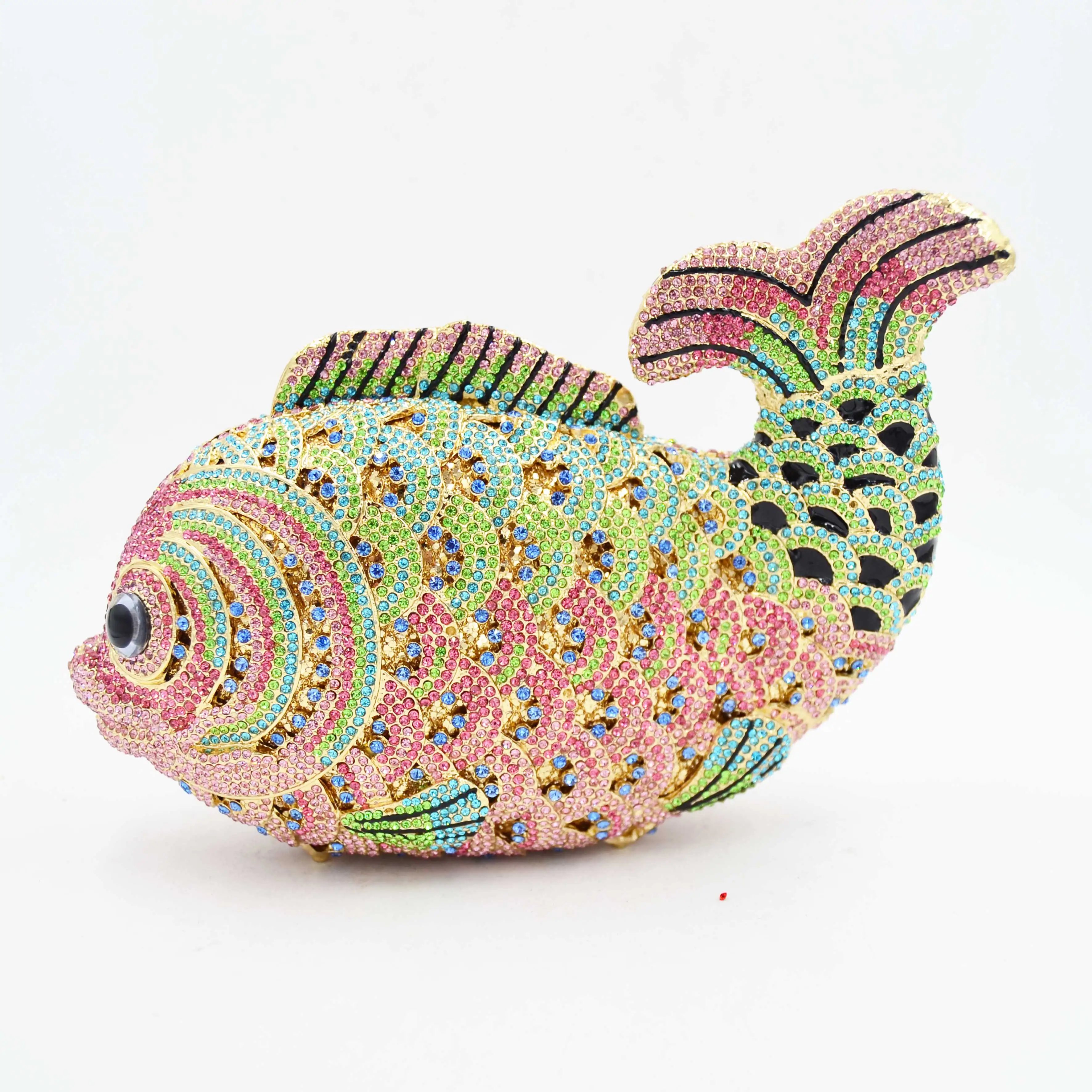 

Dazzling Crystal Metal Carp Shape Small Womens Handbags Crystal Inlay Clutch Shoulder Bag Dinner Party Purse Multi-Color