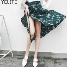 YELITE шифоновая юбка плиссированная юбка летняя новая Корейская версия кусок шифоновая юбка с цветочным принтом с длинным разрезом