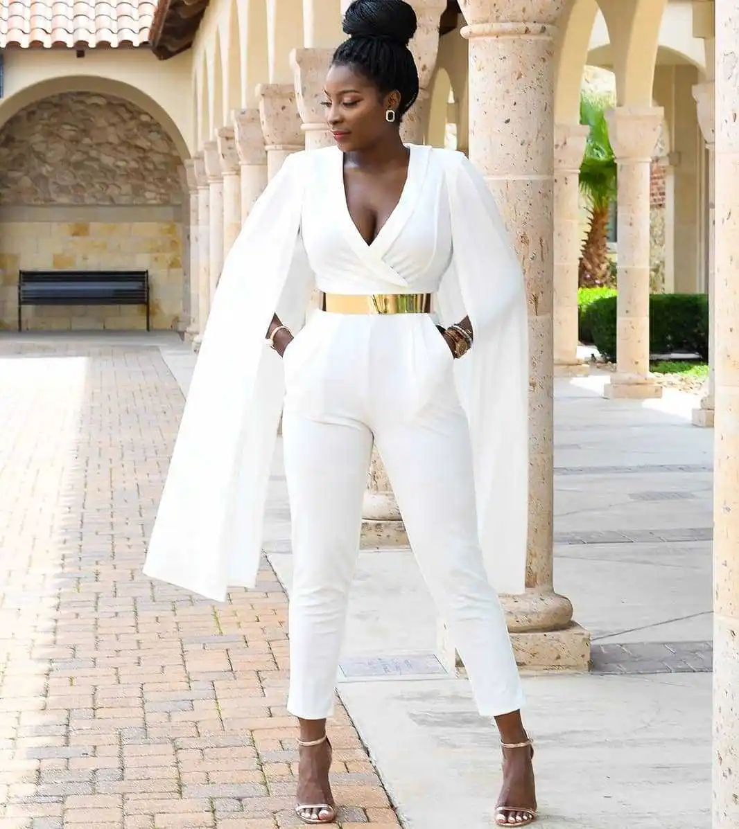 white cape sleeve jumpsuit